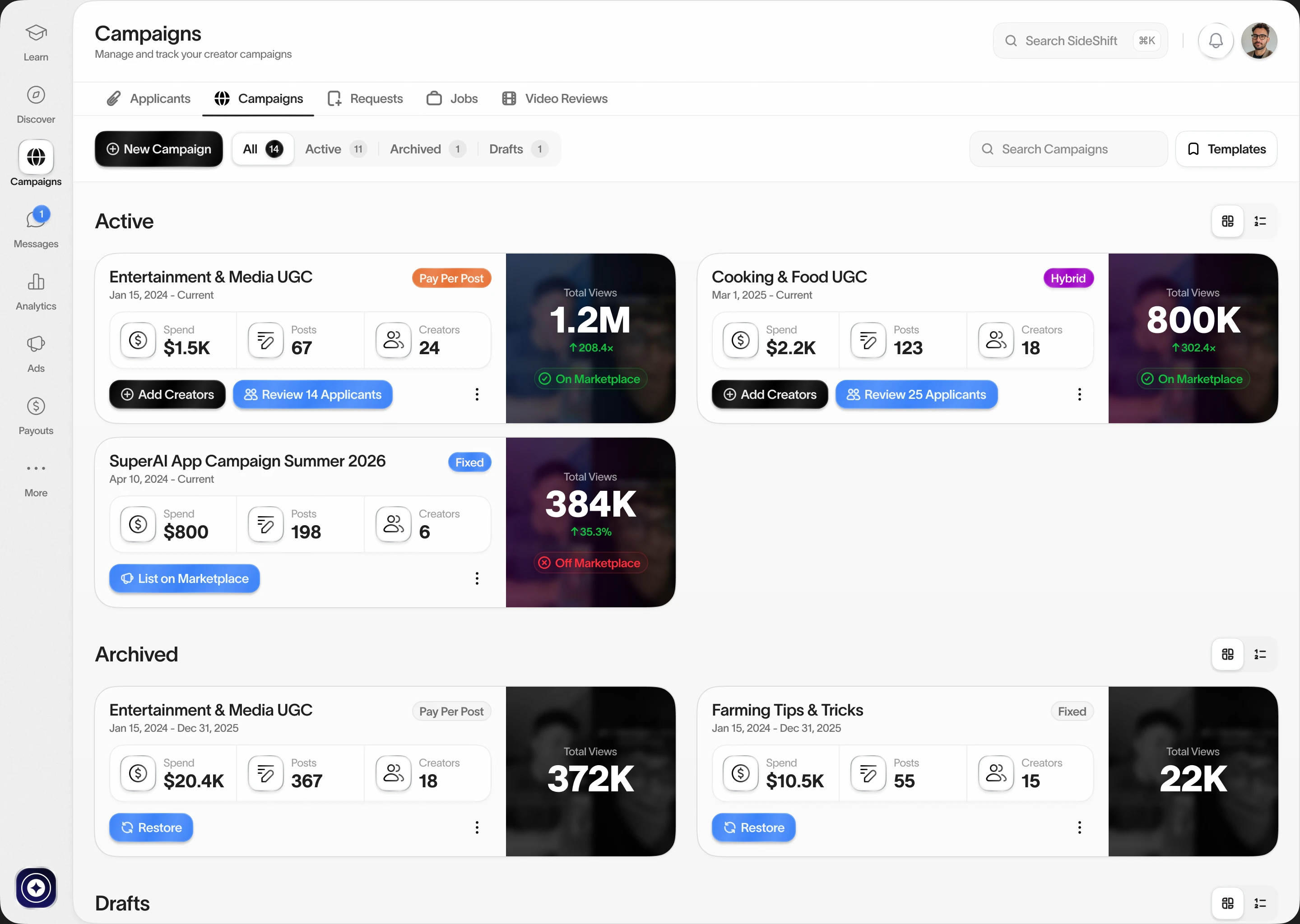 SideShift campaign workspace with active and draft campaigns, creator activity and content counts.